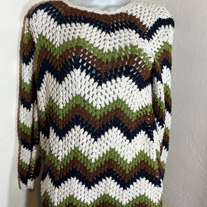 MNG Hand Made Crochet Chevron Crewneck Sweater in White, Navy Olive Size 4